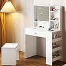 SogesGame Vanity Desk Set with Power Outlet，Makeup Dressing Table Set with Mirror and Cushioned Stool, Shelves&Drawer, Modern Bedroom Makeup Vanity Desk, White