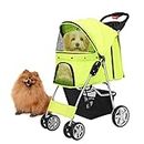 Flexzion Pet Stroller (Green) Dog Cat Small Animals Carrier Cage 4 Wheels Folding Flexible Easy to Carry for Jogger Jogging Walking Travel Up to 30 Pounds with Sun Shade Cup Holder Mesh Window