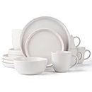 ARORA SKUGGA Round Stoneware 16pc Dinnerware Set of 4, Dinner Plates, Side Plates, Cereal Bowls, Mugs - Matte White