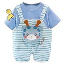 Bold N Elegant Kid's Giraffe Cartoon Print Embroidered T-Shirt with Mini Dungaree Bibshorts for Infant Toddler Baby Boy Girl (12-18 Months, Blue - White)