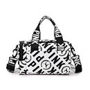 Aesthetic Small Gym Bag, Cute Duffle Bag with Handle, Travel Tote Bag, Overnight Shoulder Bag, Sturdy Crossover Bag Carryon for Swim Sports and Short Trip (White with Black Print)