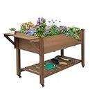 Ketive Raised Garden Bed 55.5x24x32-inch Mobile Elevated Wood Planter with Lockable Wheels, Storage Shelf, Protective Liner （Brown）