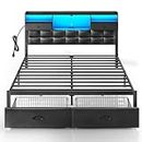 Rolanstar Bed Frame King Size with Drawers and Charging Station, Upholstered Platform Bed with Storage Headboard and LED Light, Heavy Duty Metal Frame Support, No Box Spring Needed, Noise Free, Black