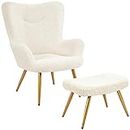 Yaheetech Armchair with Footstool Set, Sherpa Fuzzy Tub Chair with High Back and Ottoman for Living Room Bedroom Study, Ivory