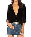 R.Vivimos Womens Tops Sexy Blouses Long Sleeve V Neck Button Down Velvet Shirts (Small, Black)