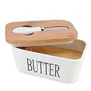 DONDA Large Ceramics Butter Dish with Lid Wooden Butter Keeper Container with Knife and Silicone Sealing Butter Dishes with Covers, Good Kitchen Home Gift (600ML) (White)