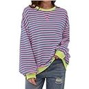 Beaufident Women Crew Neck Long Sleeve Striped Oversized Sweatshirt Color Block Shirt Casual Pullover Top Fall Y2K Clothes,Pink,Large