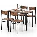 COSTWAY Dining Table and Chairs Set 4, Wood Effect Rectangular Kitchen Table and 4 Chairs with Wide Back & Foot Pads, Metal Frame Space Saving Dining Room Set for Home Restaurant