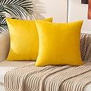 ETASOP Velvet Pillow Covers with Inserts Included 18x18, Pack of 2 Soft Solid Decorative Throw Pillows for Sofa Bedroom Car (Yellow)