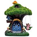TERESA'S Collections Fairy House Garden Statues with Solar Outdoor Light, Cute Resin Moss Outdoor Cottage with Swinging Fairy, Treehouse Lawn Ornaments Garden Gifts for Mom Mother Day Yard Decor,7.7"