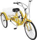VEVOR Adult Tricycle 1 Speed Size Cruise Bike 20 inch Adjustable Trike with Bell Brake System Cruiser Bicycles Large Size Basket for Recreation Shopping Exercise (Yellow 20 1Speed)
