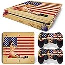 ZOOMHITSKINS PS4 Slim 2 Controller and 1 Console Vinyl Stickers Skin, Sexy Girl America Woman USA Vintage Flag Red Blue Custom Stars, Durable, Bubble-Free, Goo-Free, Made in Canada