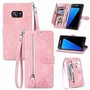 Furiet Compatible with Samsung Galaxy S7 Edge Wallet Case with Wrist Strap Lanyard and Leather Flip Card Holder Stand Cell Accessories Folio Purse Phone Cover for S7edge S 7 GS7 7s 7edge Women Pink
