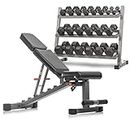 XMARK Dumbbell Pair Weights Set - Includes 10 Pairs of Dumbbell Hand Weights (5 lb to 50 lbs), Complete with Dumbbell Storage Rack and Adjustable Weight Bench