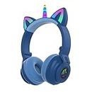 ONOTIC Wireless Kids Headphones for Girls Over Ear Bluetooth Headphones Cat Ear Led Light Up Children Headphones Volume Limited Foldable Headphone for Kids School, Travel, Music (Dark Blue)