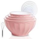 JCXivan Mixing Bowls with Lids Set,4 Piece Large Plastic Nesting Mixing Bowls,Includes 4 Microwave safe Mixing Bowl and An Egg Whisk for Kitchen Prepping,Baking,Cooking Food, Pink