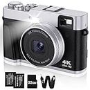 Bifevsr 4K Digital Camera with Viewfinder Flash & Dial, 48MP Vlogging for Photography and Video Autofocus Anti-Shake, Travel Portable SD Card 2 Batteries, 16X Zoom Fashion Camera, Silver Black (202L)