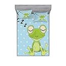 Ambesonne Cartoon Fitted Sheet & Pillow Sham Set, Sleeping Prince Frog in a Cap Polka Dots Background Animal World Kids Design, Decorative Printed 3 Piece Bedding Decor Set, Queen, Green Blue