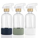 HOMBYS Empty Bamboo Glass Spray Bottles with Silicone Sleeve Protection - Refillable 17 oz Clear Glass Containers for Cleaning Solutions, Essential Oils, Misting Plants - Quality Sprayer - 3 Pack