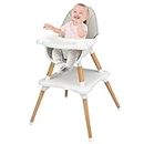 KOTEK 4 in 1 Baby High Chair, Eat & Grow Convertible High Chair w/Removable 4-Position Tray, 5-Point Seat Belt, PU Cushion for Infants, Wooden Baby Eating Chair (Gray)