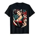 Vintage Pin-Up with Classic Tattoo Style and American Flag Maglietta