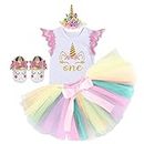 MYRISAM Baby Girls First Birthday Cake Smash Unicorn Outfits Princess Romper Bodysuit Rainbow Skirt Unicorn Headband (Shoes), 005 Pink - 4pcs, 6-12 Months
