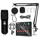 ZHIZUKA Condenser USB Microphone Set V8 Sound Card Mixer Amplifier Voice Changer Audio Interface | Singing Smule Live Streaming Podcast Broadcasting (3.5 Mm Mic + Sound Card, Black)