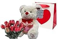Valentines Day Gift Basket | 10 Inches Teddy Bear Plush (Color May Vary), Valentine Theme Gift Bag & A dozen Belgian Milk Chocolate Roses Bouquet 2.11 ounce | For Her Wife Girlfriend Mother Daughter