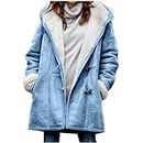 lcziwo Women's Sherpa Lined Snow Parka Coat Winter Comfy V-Neck Horn Button Sude Hooded Trench Outwear with Pocket, Light Blue, X-Large