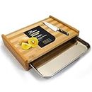 Bmado Homefull Wooden Cutting Board with Tray - Bamboo Chopping Board with Stainless Steel Pull Out Sliding Drawer Pan Tray Container(32 x 22 x 6 cm)