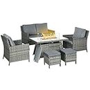 Outsunny 6 Seater Rattan Garden Furniture Set, Gas Fire Pit Table, Wicker Loveseat, 2 Armchairs and 2 Footstools, 6 Piece Patio Rattan furniture Sofa Sets with Cushions for Conservatory, Grey