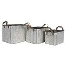 Foreside Home & Garden Set of 3 Rustic Whitewashed Pattern Galvanized Metal Decorative Storage Bins with Faux Leather Handles, White