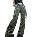 Ynocfri Women Harajuku Goth Pants Wide Leg Low Rise Baggy Pants Grunge Gothic Cargo Pants with Chain Streetwear(L-Army Green, S)