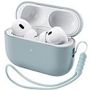 ORNARTO Compatible with AirPods Pro 2 Case (2022), Protective Liquid Silicone Case Cover for AirPods Pro 2nd Generation with Lanyard Soft Skin Front LED Visible Silicone Case-Mint Green