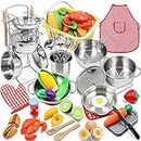 Kids Pretend Play Kitchen Toys Accessories Set, 32 Items Stainless Steel Toy Pots and Pans Sets w/Rack Organizer, Metal Cooking Utensils & Holder, Apron Play Food Basket for Kids Girls Boys Toddlers
