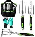 Garden Tool Set - Aluminum Alloy Heavy Duty Gardening Kit - Set of Tools with Ergonomic Handle, Gloves, and Bag - Ideal Gardening Gifts for Men and Women (Green)