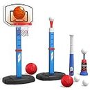 HYES 2 in 1 Kids Basketball Hoop and T Ball Set - Adjustable Height, Kids Baseball Tee with Automatic Pitching Machine, Indoor Outdoor Sport Toys Gifts for Toddler Boys Girls Age 1-5, Blue