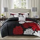 Comfort Spaces Enya Comforter Set-Modern Floral Design All Season Down Alternative Bedding, Matching Shams, Bedskirt, Decorative Pillows, Queen(90"x90"), Red/Black