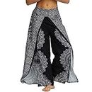 Nuofengkudu Femme Split Baggy Yoga Pantalon Large Jambe Hippie Imprimé Motif Ethnique Leger Mode Taille Haute Pants Ete Plage Decontracte Casual (Noir Floral A,L/XL)