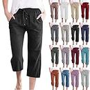 Capri Pants for Women Plus Size Jeans Capri Pants Casual 2023 Summer Drawstring Elastic High Waist Linen Pant Straight Wide Leg Cropped Trouser
