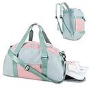 Sport Gym Bag for Men Women, Travel Duffle Bag with Shoes Compartment and Wet Pocket, Portable Lightweight Weekend Bag, Green and Pink