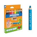 BIC Crayons de Couleur Multi-Surfaces & Usages (Ardoise, Tableau, Verre, Plastique, Bois.) - Etui carton de 10 Crayons Larges pour Enfants, Mine XXL, Couleurs Assorties, Taille-Crayon Inclus