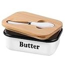 Butter Dish with Bamboo Lid, LEACHUTT Metal Butter Container Holder Storage Plate with Stainless Steel Butter Knife, Wood Cover for Farmhouse Kitchen Countertop Table West East Coast Butter, White