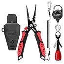 SAMSFX Fishing Pliers Fishing Gear with Rubber Handle, Lanyard, Braided Line Cutter and Sheath, Ice Fishing Gear, Fishing Gifts for Men (7.5'' Split Ring Nose Plier and Fishing Knot Tool)