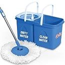 Gala Twin Bucket Spin Mop, 2 Microfiber Refills, Floor Cleaning Mop stick with Bucket, pocha for floor cleaning, Mopping Set with two buckets (white and blue)