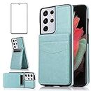 Phone Case for Samsung Galaxy S21 Ultra Glaxay S21ultra 5G with Tempered Glass Screen Protector and Credit Card Holder Wallet Cover Stand Leather Cell Gaxaly 21S S 21 21ultra G5 Cases Women Men Green