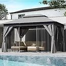 LAUSAINT HOME Outdoor Patio Gazebo 10'x13' with Expansion Bolts, Heavy Duty Party Tent & Shelter with Double Roofs, Mosquito Nettings and Privacy Screens for Backyard, Garden, Lawn, Smoke Grey