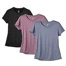 icyzone Women's Workout Running T-Shirt Activewear Yoga Gym Short Sleeve Tops Sports Shirts, 3-Pack (L, Black/Navy/Rose Wine)