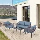 QUBOX 4 Seater outdoor weaving rope patio furniture set,waterproof outdoor sofa seating sturdy powder-coated Iron frame conversation bistroSet for Balcony,Backyard,Lawn,Garden,Indoor&outdoor GREY&BLUE