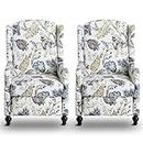 Consofa Upholstered Wingback Recliner Chair, Traditional Push Back Recliner with Padded Seat, Wingback Fabric Recliner Chair, Mid Century Modern Floral Recliner Chair for Living Room (2, Blue Floral)